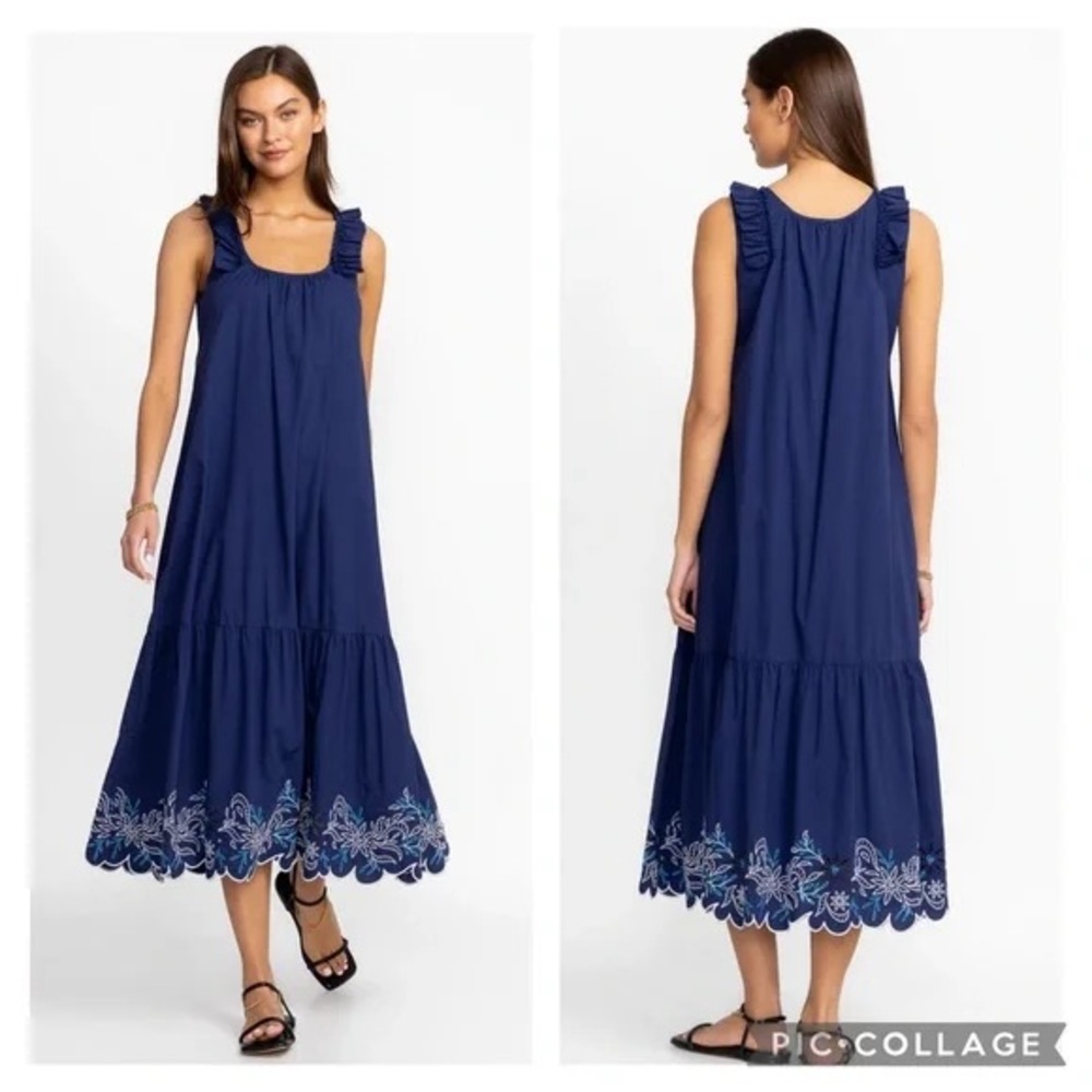 Johnny Was Jade Yoko Eyelet Maxi Dress with Floral Embroidery Navy Blue Size XS